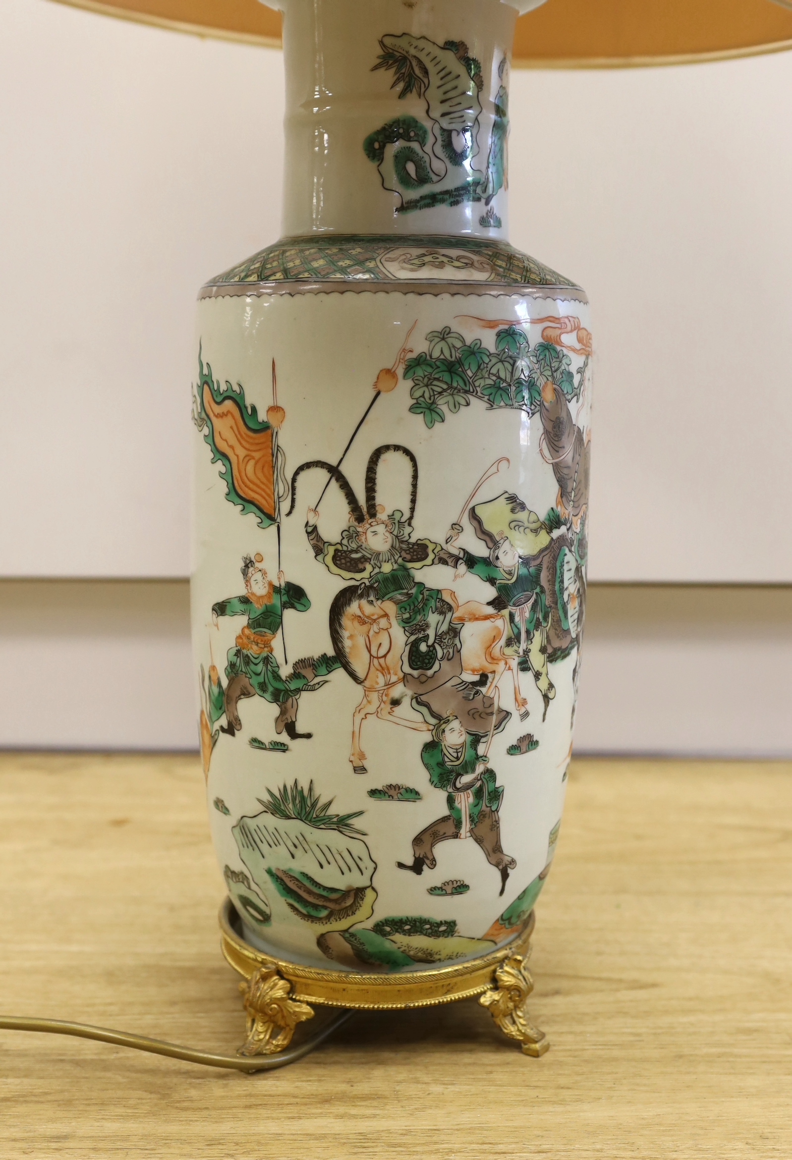 A 19th century Chinese famille verte rouleau vase with gilt metal base, now as a lamp, vase base 48cm high